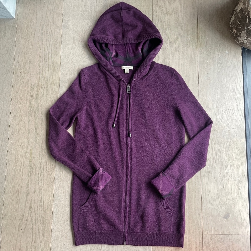 Burberry 100% Cashmere Purple Jacket, S Small, Womens Zip Up Vintage Check Hood